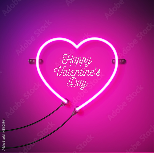 Happy Valentines Day Design with Bright Neon Heart on Pink Background. Vector Love, Wedding and Romantic Valentine Theme Illustration for Flyer, Greeting Card, Banner, Holiday Poster or Party