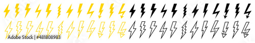 Bolt, lighting thunder vector icons. Thunderbolt electric energy flash arrow symbols. Signs, logos of light, power, storm. Flat yellow thunderstorm strikes illustration. Shock voltage cartoon graphic.