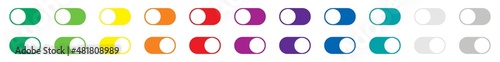 Switch off, toggle button, slider icons for smartphone, web UI. Power flat turn bar for phone app. Vector designs set in white, green for mobile interface. Computer shutdown, start, unlock swipes UX