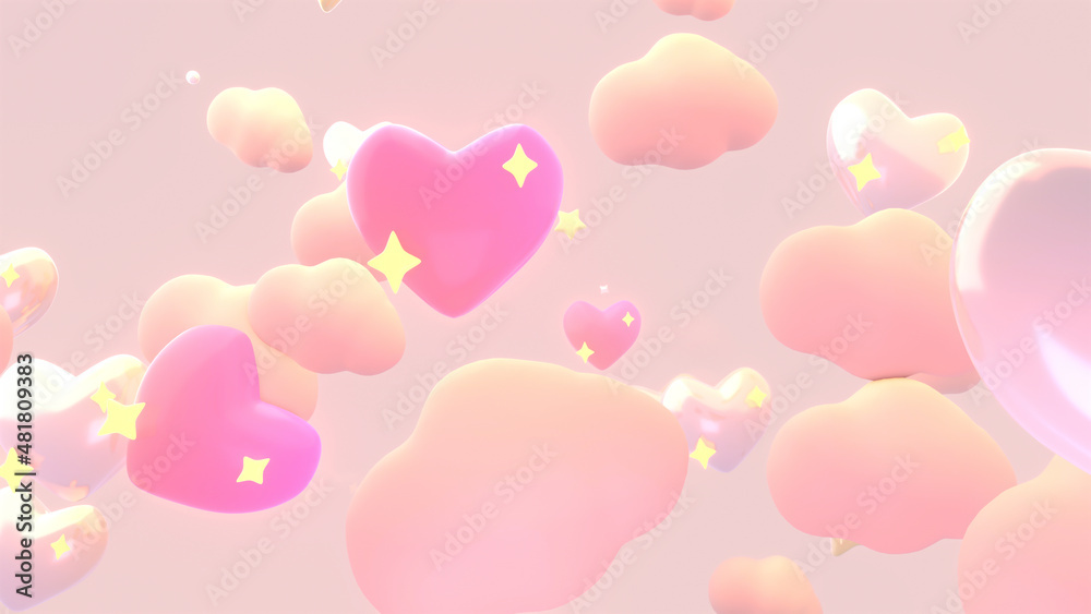 3d rendered hearts with diamond stars in the pastel peach color sky.