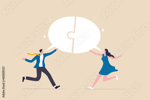 Business communication skills, explain idea, speak, tell and listen to coworkers, work discussion or success send and receive information concept, business people connect speech bubble jigsaw puzzle.