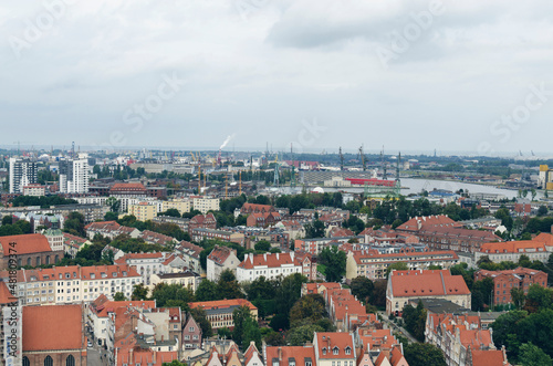 POLAND, GDANSK: Scenic landscape view of city old center with traditional architecture with red roofs