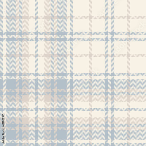 Tartan plaid pattern for spring autumn winter in pale soft cashmere blue and beige. Seamless herringbone large check vector for flannel shirt, scarf, blanket, duvet cover, other modern textile design.