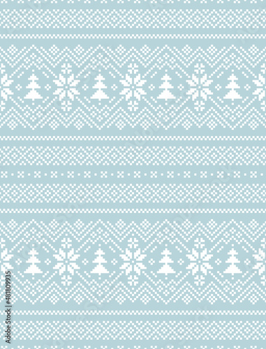 Christmas pattern with fair isle print in blue and white. Seamless pixel nordic vector with Christmas trees and snowflakes for New Year jumper, socks, mittens, other winter holiday textile or paper.