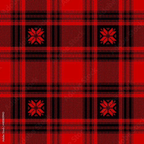 Christmas check plaid pattern in red and black with nordic snowflakes for flannel shirt, blanket, duvet cover, tablecloth. Seamless bright tartan vector for modern winter holiday fashion fabric print.