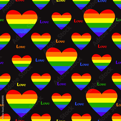 Vector seamless pattern. With symbols of pride of LGBT communities, on a dark isolated background. Hearts and inscription love.