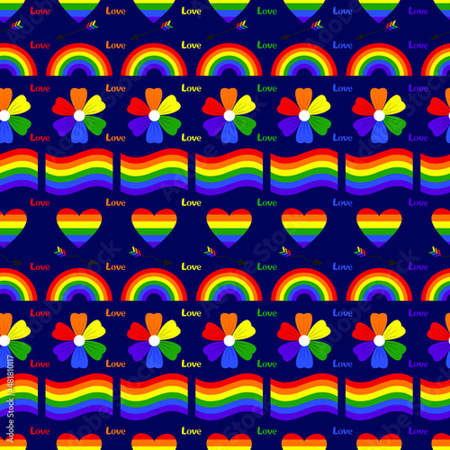 Vector seamless pattern. With symbols of pride of LGBT communities, on a dark isolated background. Hearts, rainbow, flower, flag. 