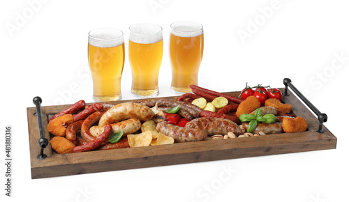 Set of different tasty snacks and beer on white background