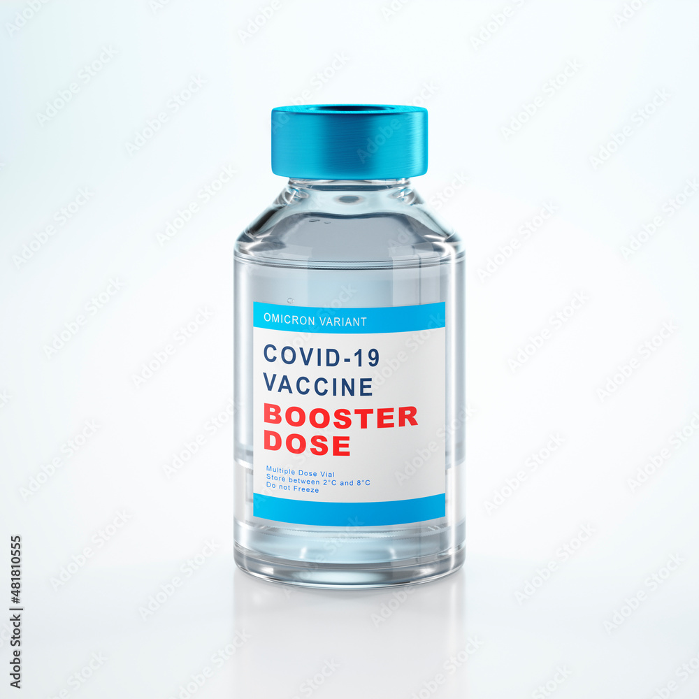 Booster vaccination concept with syringe and bottles of vial - 3D illustration Booster vaccination concept with syringe and bottles of vial - 3D illustration