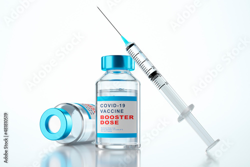 Booster vaccination concept with syringe and bottles of vial  - 3D illustration photo