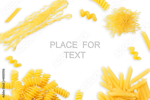 Creative layout of pasta of different types on a bright background. copy space