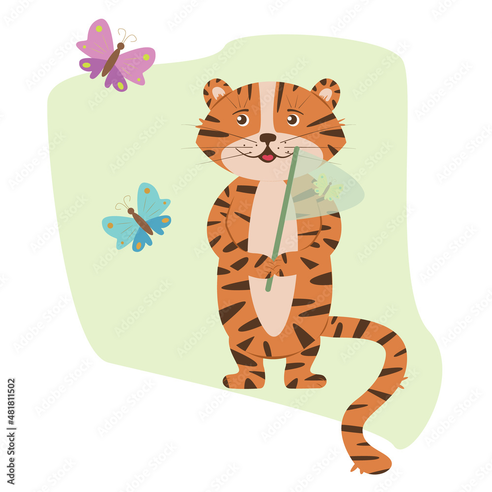 Obraz premium Tiger catching butterflies in summer. Bright cute illustration for kid's books or greeting cards