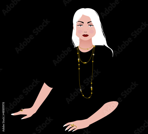 A fashion portrait of a long-haired glamorous woman in black with a resting bitch face. Vector flat minimalist illustration with a negative space. 