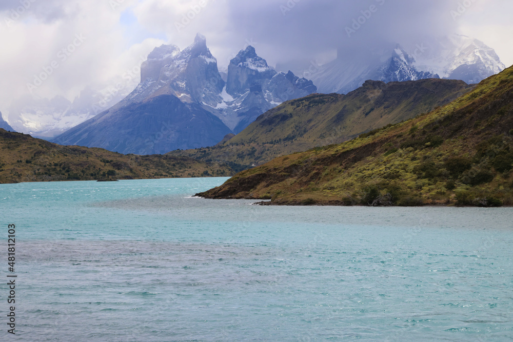 Landscape of Torres del Paine NP with the turquoise of Lago Pehoe, Chile