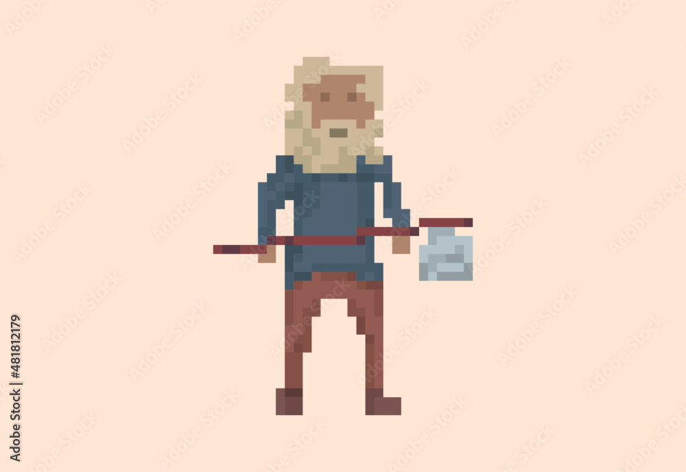 Illustration of a rural warrior with axe in pixel art style