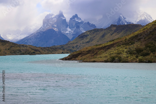 Landscape of Torres del Paine NP with the turquoise of Lago Pehoe, Chile