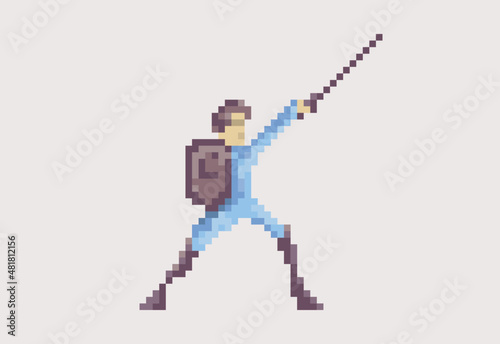 Illustration of a swordsman warrior in pixel art style