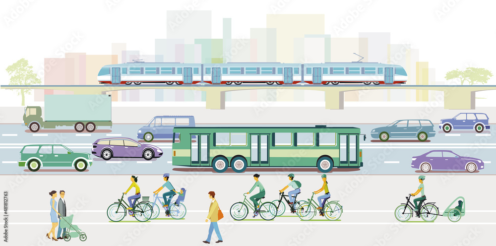 bunte Stadtsilhouette mit Radfahrern, Fußgänger und Straßenverkehr, Illustration