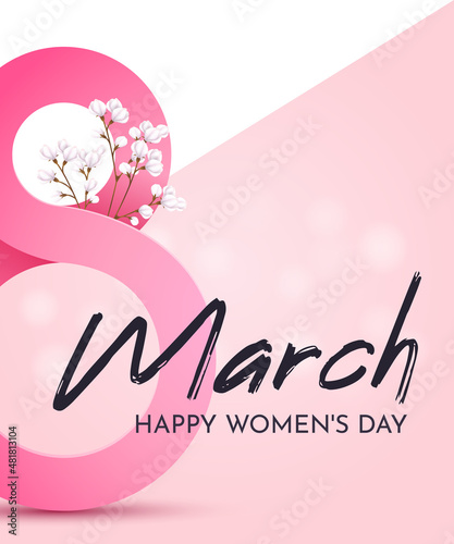 Greeting poster for International Women's Day (March 8).Pink number 8 with gypsophila on a white-pink background with an inscription.