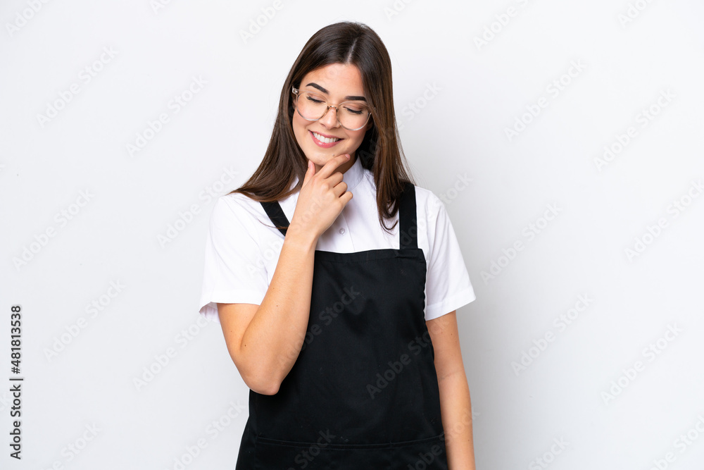 Restaurant Brazilian waiter woman isolated on white background looking to the side Restaurant Brazilian waiter woman isolated on white background looking to the side
