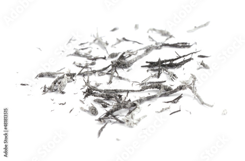 Pile of grey eraser crumbs on white background