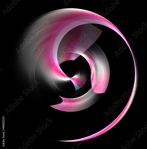 Glittering with pink and white stripes, the elements gracefully curve and swirl against a black backdrop. Graphic design element. Icon, logo, symbol, sign. 3d illustration. 3d rendering.
