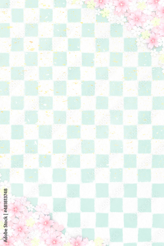 桜フレームとグリーンの市松模様背景　縦
