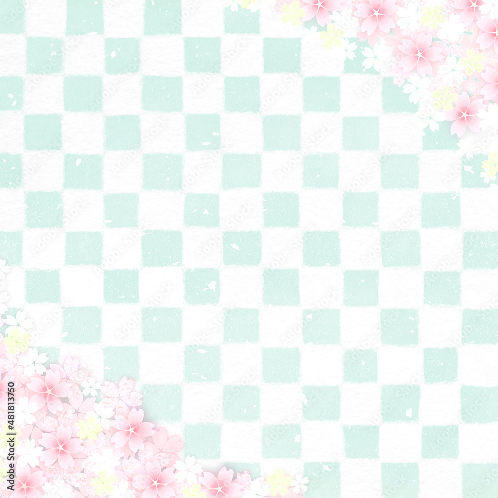 正方形 桜フレームとグリーンの市松模様背景 Stock イラスト Adobe Stock