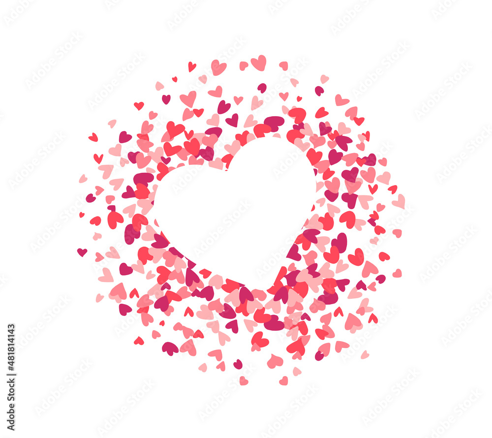 Heart shape consisting of small motley hearts. Shape confetti splash with white heart inside. vector illustration. frame design element for greeting card, banner, invitation. Wedding, Valentine s Day
