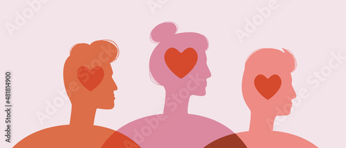 People with Hearts as Love Triangle, Silhouette Vector Stock Illustration as Polyamorous Relationship Concept Men and Women photo