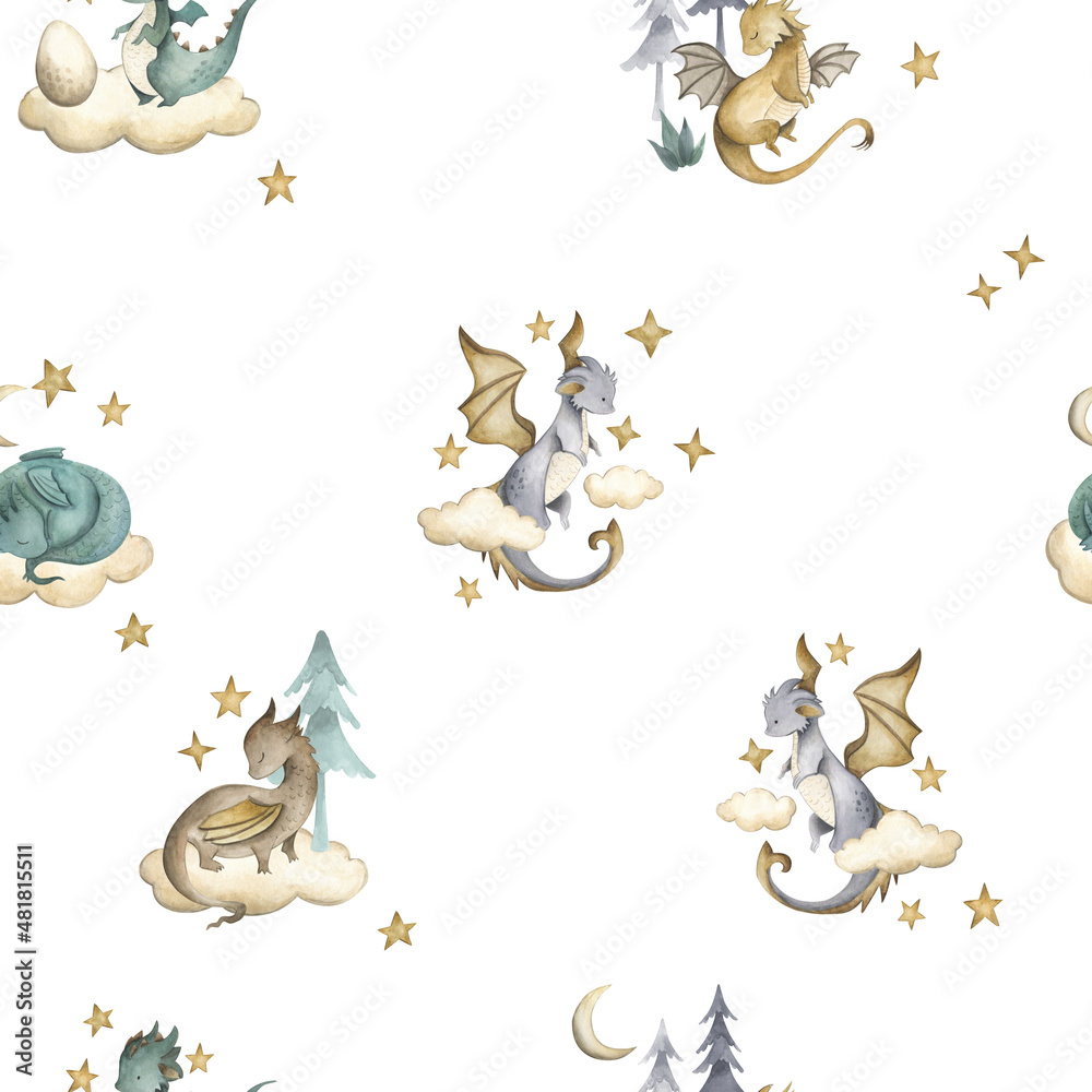 Dragon baby animals watercolor seamless pattern illustration Stock ...