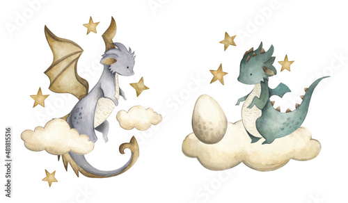 Dragon baby animals watercolor illustration