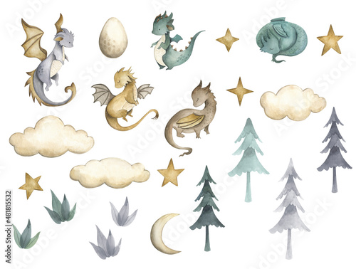 Dragon baby animals watercolor illustration