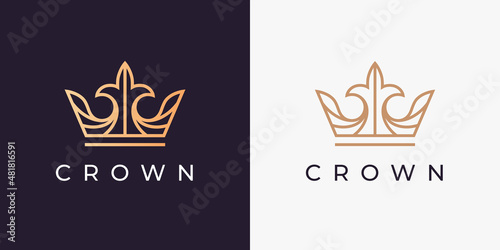 Premium royal gold crown logo. Luxury brand line icon. Boutique jewelry symbol. Elegant fashion design emblem. Vector illustration.