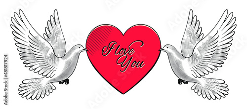 Beautiful white pigeons carrying a heart. A symbol of love. Antique engraving, stylized drawing. Vector illustration