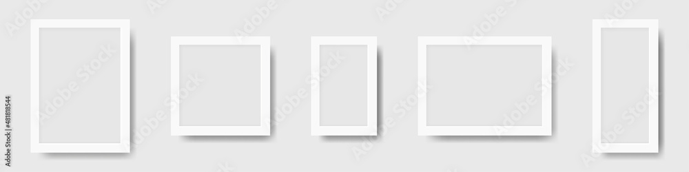 Set of realistic white photo frames with shadow. Mockup of frames for pictures and photos. Vector illustration Set of realistic white photo frames with shadow. Mockup of frames for pictures and photos. Vector illustration