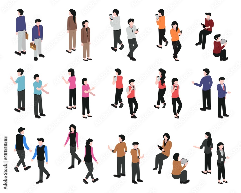 set packet isometric character from front and back set packet isometric character from front and back