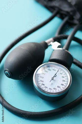 detail shot of blood pressure machine on table 