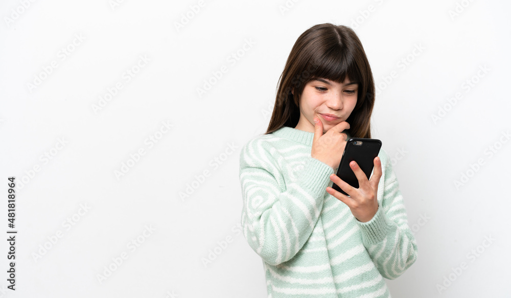 Little caucasian girl isolated on white background thinking and sending a message Little caucasian girl isolated on white background thinking and sending a message