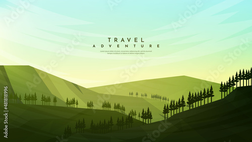 Vector illustration. Natural scene. Forest and mountain ridge. Green color. Environment panoramic wallpaper. Minimalist flat background. Polygonal hills. Clear sky. Woods in hillside. Web banner