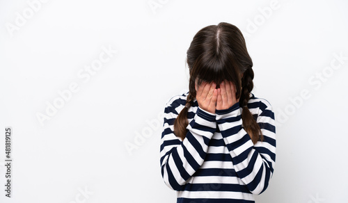 Little caucasian girl isolated on white background with tired and sick expression