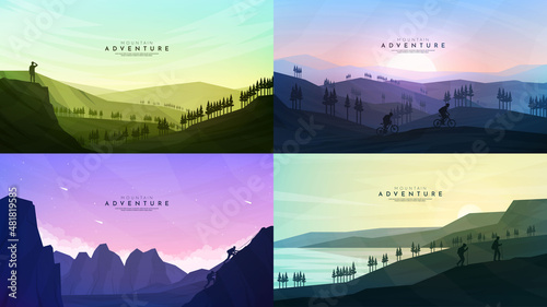Vector illustration. Travel concept of discovering, exploring and observing nature. Hiking. Adventure tourism. Minimalist graphic wallpapers. Polygonal flat design for web banner, website template