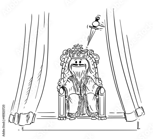 King Sitting on the Throne, Traitor with Knife is going to Murder Him, Vector Cartoon Stick Figure Illustration