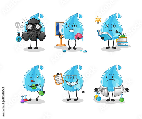 water drop scientist group character. cartoon mascot vector