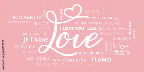 Love multilingual card on pink background