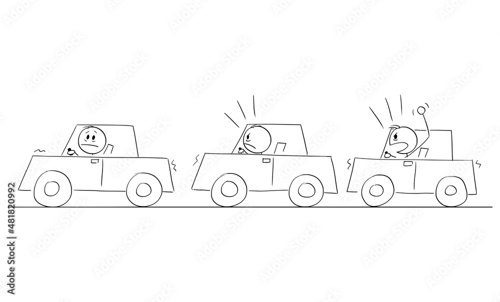 Angry Car Drivers in Traffic Jam or Congestion, Vector Cartoon Stick Figure Illustration