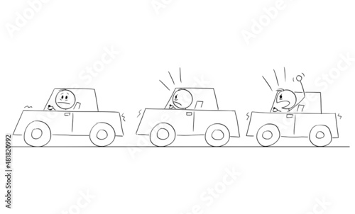 Angry Car Drivers in Traffic Jam or Congestion, Vector Cartoon Stick Figure Illustration