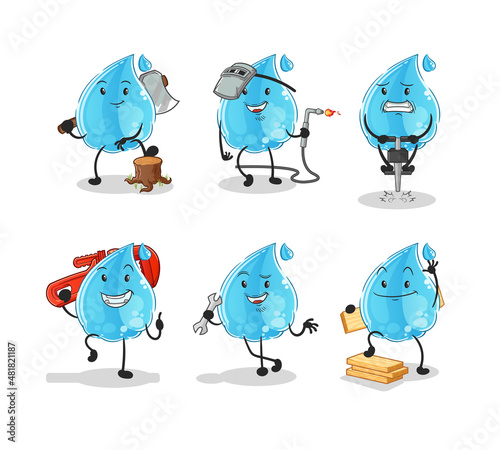 water drop worker set character. cartoon mascot vector