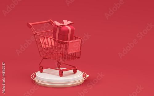 Shopping cart and gifts, shopping theme, 3d rendering.
