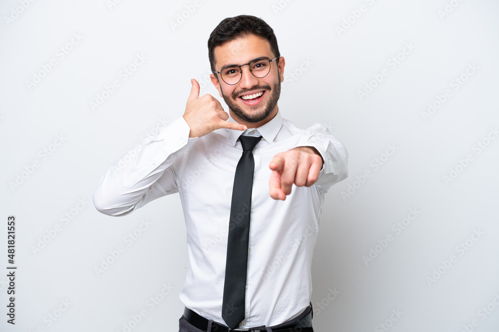 Business Brazilian man isolated on white background making phone gesture and pointing front